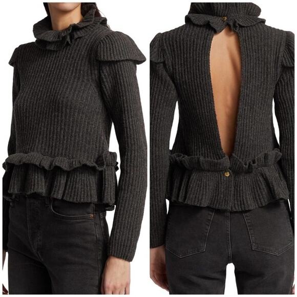 GANNI Rib Ruffle Trim Turtleneck Sweater Gray Wool Open Back Large - Picture 1 of 15